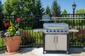 A small outdoor stove is on a patio next to a potted plant.
